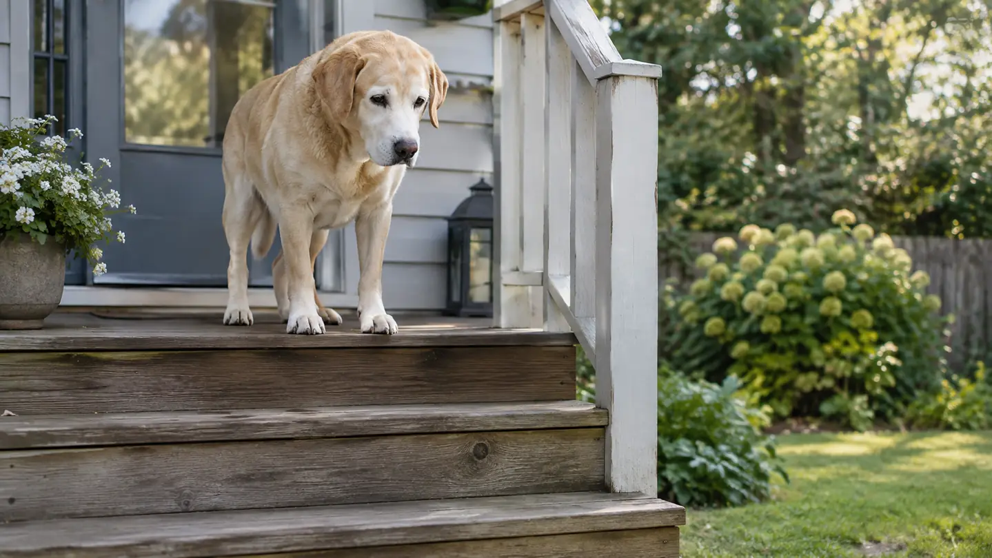 An older yellow labrador standing at the top of three wooden back porch steps looking down at the yard
