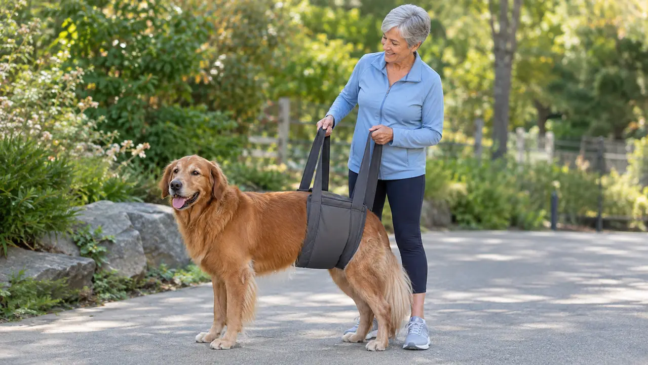 A person holding the LOOBANI sling handles while an older dog stands on a walkway