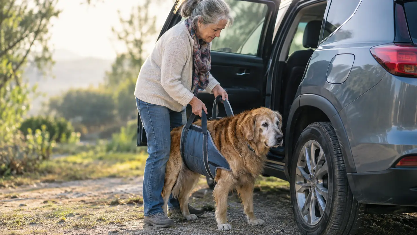 A person holding a fabric sling under an older dog's belly while the dog stands beside an open car door