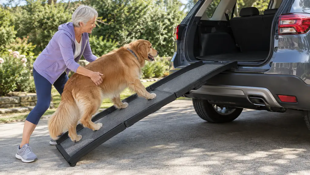 A person guiding a large dog up a folding ramp into the back of an SUV