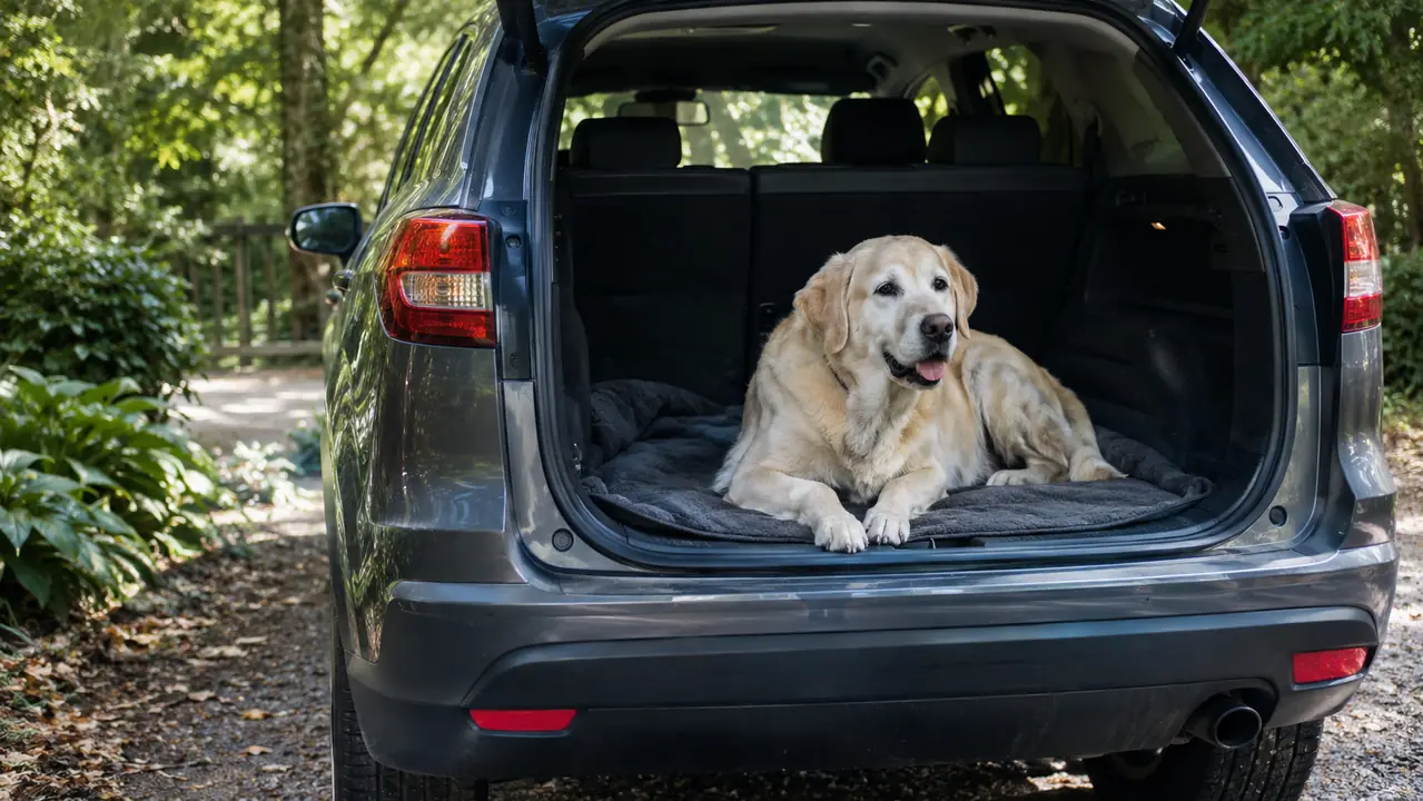 An older yellow labrador resting in the cargo area of a small suv parked in a leafy driveway
