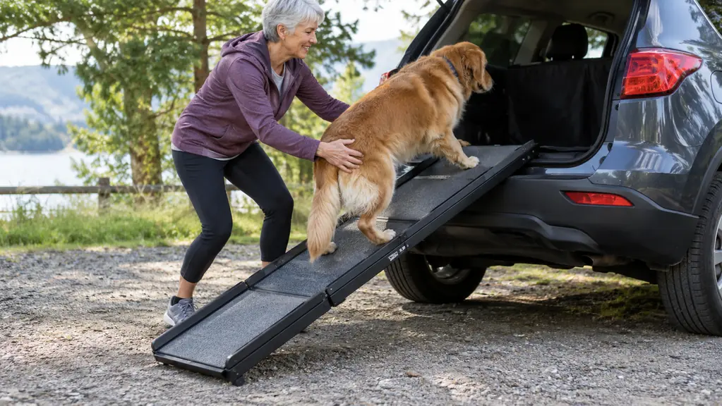 A person guiding an older dog up a folding ramp into the back of an SUV
