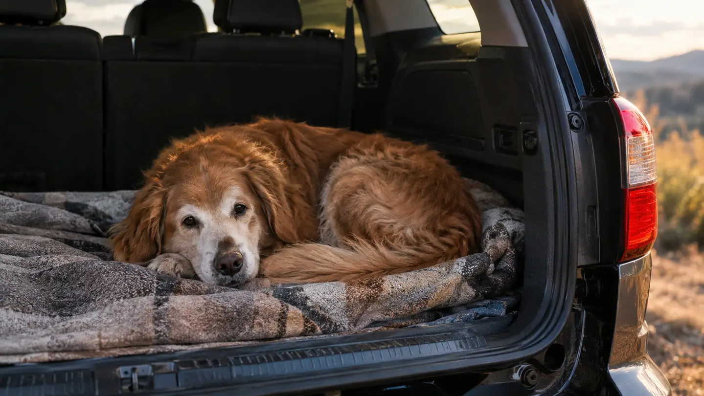 An older dog curled up on a blanket in the back of an SUV after a short ride