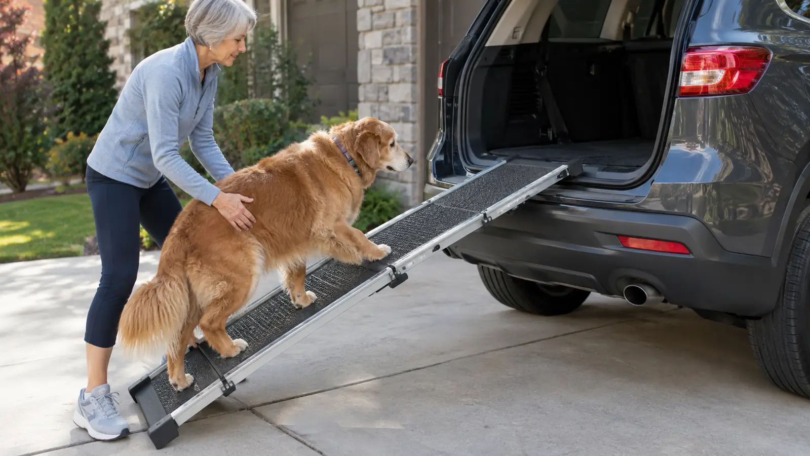 A person's hand guiding an older dog up a folding ramp with a textured surface, the ramp resting on the rear of an SUV