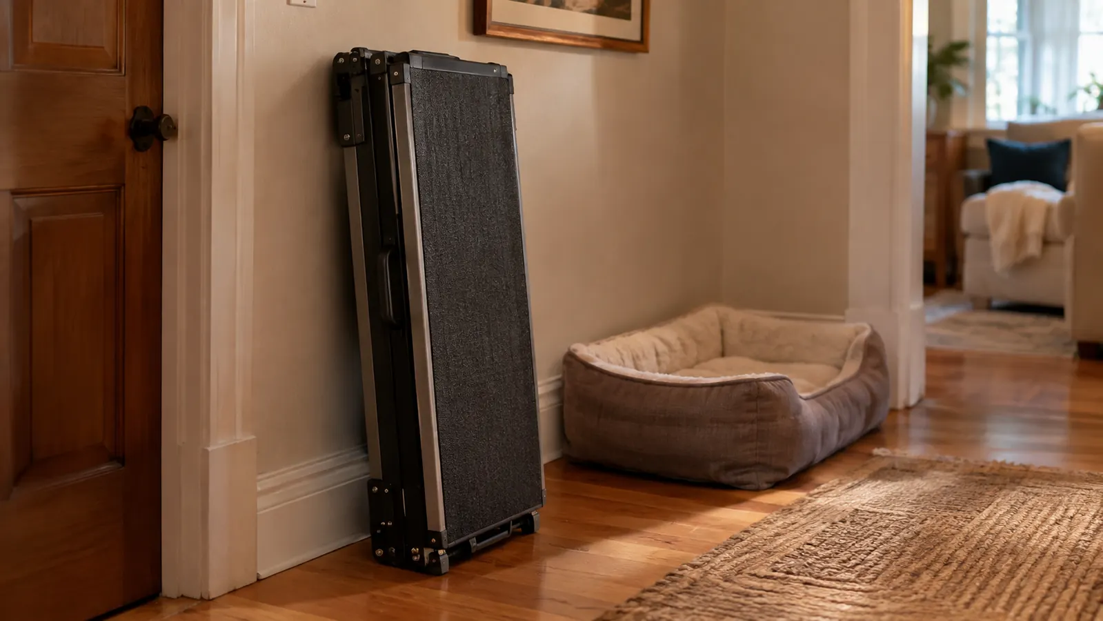 A folded dog ramp stored flat and ready to load