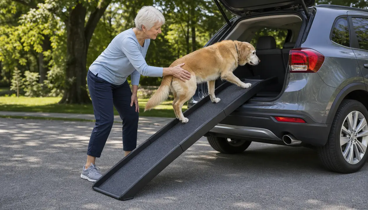 A person guiding an older dog up a folding ramp into the back of an SUV