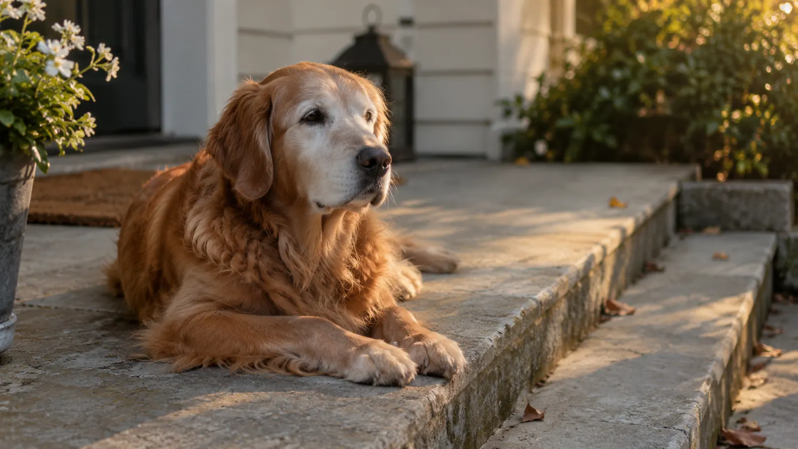 An older dog resting on a porch after using a ramp instead of steps